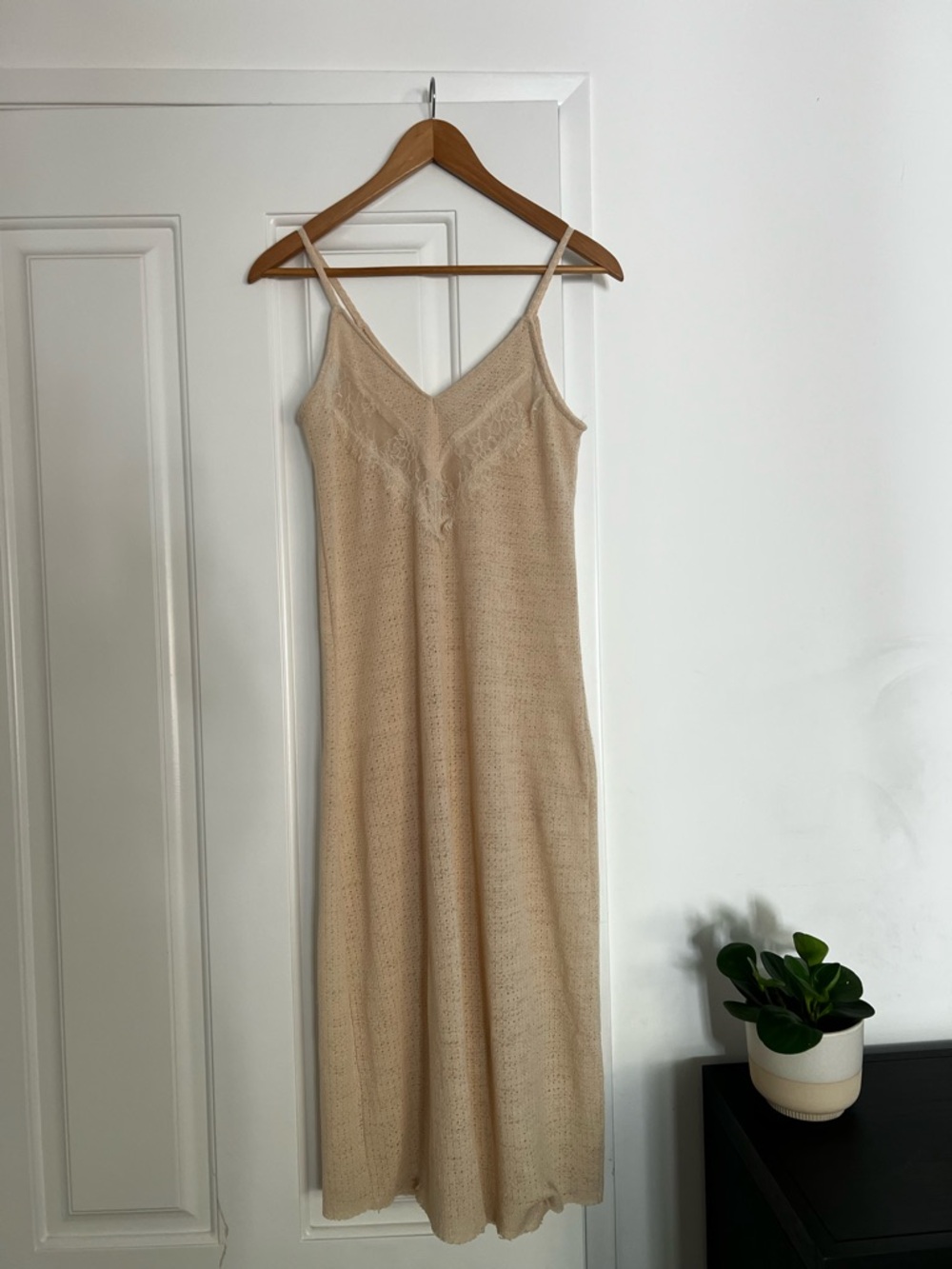 Zara Beige Lace-Trim Knit Slip Dress